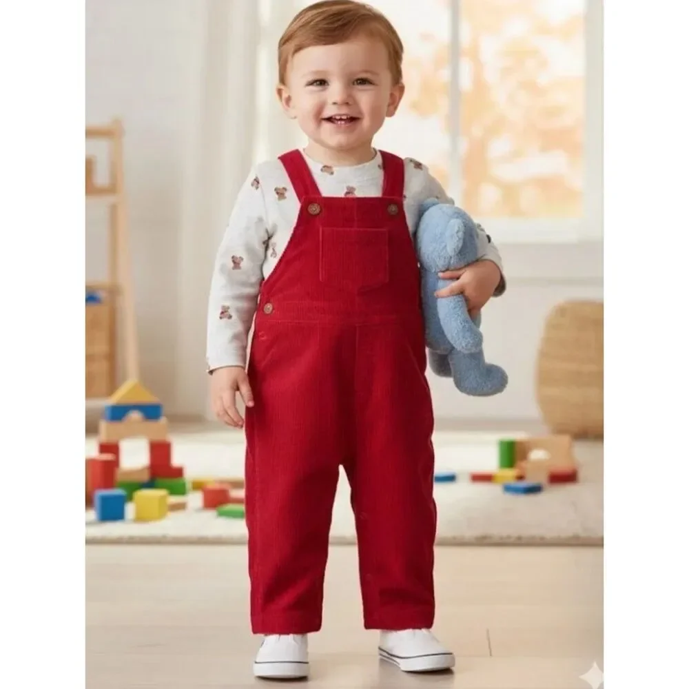NEW Boys Sz 12 Months Red Corduroy Overalls & Teddy Bear Theme Shirt 2 Pc Outfit